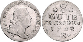 Anhalt/-Bernburg. 
Victor Friedrich 1721-1765. 8 Gute Groschen 1758 B, Harzgerode, Kriegsgeld, Wertseite mit großer Schrift, Wz. zwischen Rosetten, "...