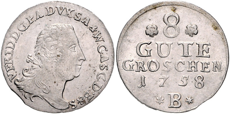 Anhalt/-Bernburg. 
Victor Friedrich 1721-1765. 8 Gute Groschen 1758 B, Harzgero...