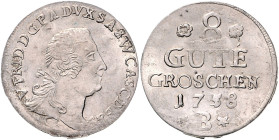 Anhalt/-Bernburg. 
Victor Friedrich 1721-1765. 8 Gute Groschen 1758 B, Harzgerode, Kriegsgeld, Wertseite mit großer Schrift, Wz. zwischen Rosetten, "...