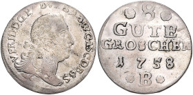 Anhalt/-Bernburg. 
Victor Friedrich 1721-1765. 8 Gute Groschen 1758 B, Harzgerode, Kriegsgeld, Wertseite mit großer Schrift, Wz. zwischen Rosetten, "...