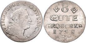 Anhalt/-Bernburg. 
Victor Friedrich 1721-1765. 8 Gute Groschen 1758 B, Harzgerode, Kriegsgeld, Wertseite mit großer Schrift, Wz. zwischen Rhombenrose...