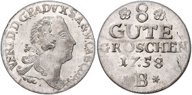 Anhalt/-Bernburg. 
Victor Friedrich 1721-1765. 8 Gute Groschen 1758 B, Harzgerode, Kriegsgeld, sogen. "Pünkteldrittel" (mit Punkt in der Jz.). Schön&...