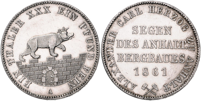 Anhalt/-Bernburg. 
Alexander Carl 1834-1863. Ausbeutetaler 1861. J.&nbsp;73, AK...