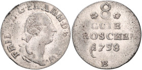 Anhalt/-Zerbst. 
Friedrich August 1747-1793. 8 Gute Groschen 1758 B (Rethwisch), Kriegsprägung. Mann&nbsp;364, Schön&nbsp;18. . 

übliche Ps, ss