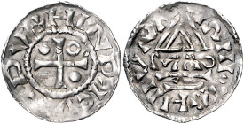 Bayern. 
Heinrich II., der Friedfertige, 2. Reg.-Zeit 985-995. Denar, Regensburg, Mmst. MAO, 1,60 g, Kreuz, in den Winkeln: Punkt, leer, Punkt, Ringe...