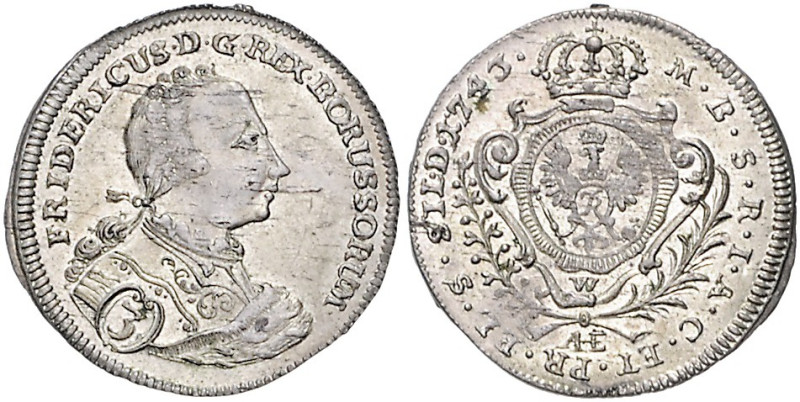 Brandenburg/-Preußen. 
Friedrich II. 1740-1786. 3 Kreuzer 1743 W u. AHE (Bresla...