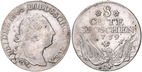 Brandenburg/-Preußen. 
Friedrich II. 1740-1786. 8 Gute Groschen 1759 A, Berlin, Kriegsgeld. Old.&nbsp;334a. selten.. 

übliche Ps, ss-f. vz