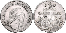 Brandenburg/-Preußen. 
Friedrich II. 1740-1786. 8 Gute Groschen 1763 F, Magdeburg, Kriegsgeld, Portrait von Jacob Abraham. Old.&nbsp;341. sehr selten...