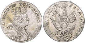 Brandenburg/-Preußen. 
Friedrich II. 1740-1786. 18 Gröscher (Tympf) 1758 A, Berlin, Kriegsgeld. Old.&nbsp;355c, v.&nbsp;Schr.&nbsp;1713b. . 

üblic...