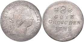 Brandenburg/-Preußen. 
Friedrich II. 1740-1786. 8 Gute Groschen 1758 B (Mzz. zwischen Rosetten), Mzst. Leipzig, Kriegsgeld mit Anhalt-Bernburgischer ...