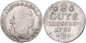 Brandenburg/-Preußen. 
Friedrich II. 1740-1786. 8 Gute Groschen 1758 B (Mzz. zwischen Sternen), Mzst. Dresden, Kriegsgeld mit Anhalt-Bernburgischer U...