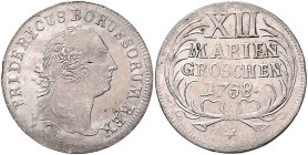 Brandenburg/-Preußen. 
Friedrich II. 1740-1786. XII Mariengroschen 1758, mit Punkt nach der Jz., Mzz. sechsstrahliger Stern, Kriegsgeld, Mzst. Dresde...