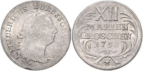 Brandenburg/-Preußen. 
Friedrich II. 1740-1786. XII Mariengroschen 1758, Mzz. siebenstrahliger Stern, Kriegsgeld, Mzst. Dresden (geprägt vermutlich n...