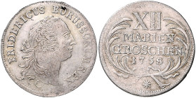 Brandenburg/-Preußen. 
Friedrich II. 1740-1786. XII Mariengroschen 1758, Mzz. achtstrahliger Stern, Kriegsgeld, Mzst. Dresden (geprägt zwischen Anfan...