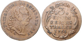 Brandenburg/-Preußen. 
Friedrich II. 1740-1786. 1/3 Taler 1758, zeitgenössische, gut gelungene Fälschung in Kupfer, nach dem Vorbild von Los vor. zu ...