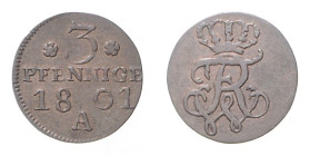 Brandenburg/-Preußen. 
Friedrich Wilhelm III. 1797-1840. 3 Pfennige 1801 A, für die mittleren Provinzen. Old.&nbsp;127, J.&nbsp;3a. . 

f. vz