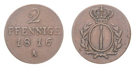 Brandenburg/-Preußen. 
Friedrich Wilhelm III. 1797-1840. 2 Kupferpfennige 1816 A, für die mittleren Provinzen. Old.&nbsp;131, J.&nbsp;5, AKS&nbsp;38....