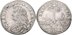 Braunschweig/-Lüneb., neue Linie L.-Hannover. 
Johann Friedrich 1665-1679. Palmbaumgulden 1676 o. Mzz., Hannover, Brb. li./Palme auf Felsen im Meer, ...