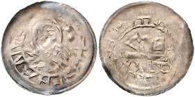 Halberstadt, Bistum. 
Rudolf I. von Schladen 1136-1149. Dünnpfennig, Halberstadt, Brb. des Hl. Stephan, rechts i. F. zwei Steine/Kreuz, in den Winkel...