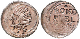 Kamenz, Stadt. 
3 Kipperpfennige 1622, Kupfer, Adlerflügel mit Kleeblatt u. Wert/oben Stern, vierzeilig: BONO PVBL. CAM. 16ZZ, dazu einseit. Cu-Kippe...