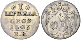 Lippe/-Detmold. 
Pauline von Anhalt, Vormünderin 1802-1820. 1 Mariengroschen 1803, große Krone. AKS&nbsp;1, Grote&nbsp;325. . 

ss-vz