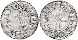 Mecklenburg-Rostock, Stadt. 
Witten nach slawischem Fuß, vor 1381, Greif/Kreuz, in dessen Mitte ein Vierpass mit Punkt, im re. Unterwinkel ein fünfst...