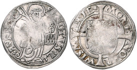 Mecklenburg-Wismar, Stadt. 
Doppelschilling 1563, Hl. Laurentius/Stadtwappen auf befußtem Langkreuz. Kunzel&nbsp;78&nbsp;G/a. . 

mittig Ps, ss