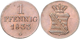 Sachsen/-Albertinische Linie (Kurlinie ab 1547). 
Anton 1827-1836. 1 Pfennig 1833 G. J.&nbsp;46, AKS&nbsp;80. Erhaltung R.. 

vz-stfr