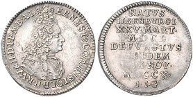 Stolberg/-Wernigerode. 
Ernst 1672-1710. Silberabschlag von den Stempeln des Dukaten 1710 auf den Tod des Grafen, im Wert von 2 Groschen, 21,2 mm, 1,...