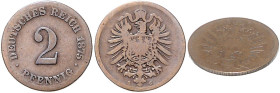 Münzen des Kaiserreiches. 
2 Pfennig, kleiner Adler. 1875 C, mit Riffelrand, bei Jaeger nicht verzeichnet. RRR.. 

s