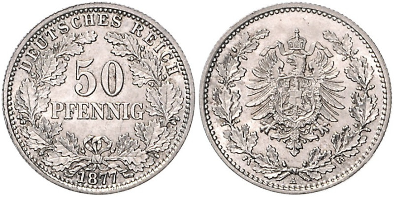 Münzen des Kaiserreiches. 
50 Pfennig, kleine Wertzahl, kleiner Adler. 1877 A, ...