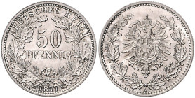 Münzen des Kaiserreiches. 
50 Pfennig, kleine Wertzahl, kleiner Adler. 1877 A, Jaeger 8. . 

f. stfr