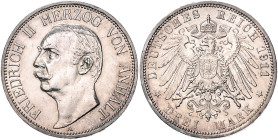 Anhalt. 
Friedrich II. 1904-1918. 3 Mark 1911. Jaeger&nbsp;23. . 

winz. Rf., ss/vz