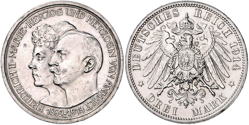 Anhalt. 
Friedrich II. 1904-1918. 3 Mark 1914, Silberhochzeit. Jaeger&nbsp;24. ...