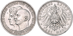 Anhalt. 
Friedrich II. 1904-1918. 3 Mark 1914, Silberhochzeit. Jaeger&nbsp;24. . 

winz. Rdu, Vs. winz. Kratzer, f. vz/vz