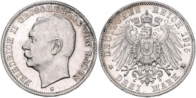 Baden. 
Friedrich II. 1907-1918. 3 Mark 1915. Jaeger&nbsp;39. seltener Jahrgang. 

winz. Rdu, feine Kratzer, vz