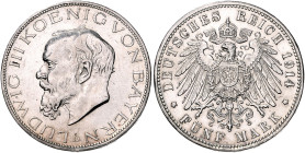 Bayern. 
Ludwig III. 1913-1918. 5 Mark 1914. Jaeger&nbsp;53. . 

winz. Rf., feine Kratzer, fast vorzüglich