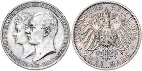Mecklenburg/-Schwerin. 
Friedrich Franz IV. 1897-1918. 2 Mark 1904, Hochzeit. Jaeger&nbsp;86. . 

dunkle Tönung, vz-f. stfr