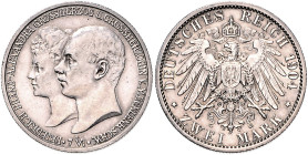 Mecklenburg/-Schwerin. 
Friedrich Franz IV. 1897-1918. 2 Mark 1904, Hochzeit. Jaeger&nbsp;86. . 

Vs. winzigste Kratzer, vz/f. stfr