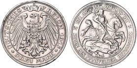 Preußen. 
Wilhelm II. 1888-1918. 3 Mark 1915, Mansfeld. Jaeger&nbsp;115. . 

überarb. Hksp., kl. Rf., winz. Kratzer, sonst ss-vz