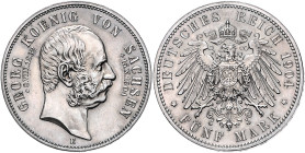 Sachsen. 
Georg 1902-1904. 5 Mark 1904, Georgs Tod. Jaeger&nbsp;133. . 

schöne Tönung, Vs. winz. Kratzer, sonst gutes vz