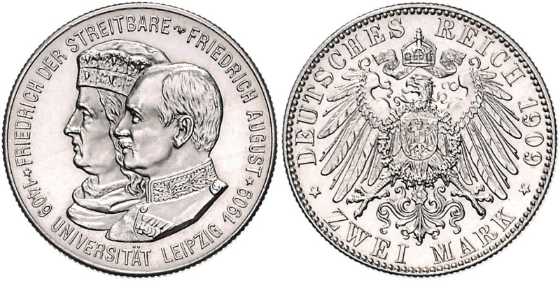 Sachsen. 
Friedrich August III. 1904-1918. 2 Mark 1909, Universität Leipzig. Ja...