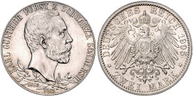 Schwarzburg/-Sondershausen. 
Karl Günther 1880-1909. 2 Mark 1905, Regierungsjubiläum, schmaler Randstab. Jaeger&nbsp;169a. . 

winz. Rdu, vz-stfr