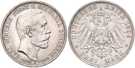 Schwarzburg/-Sondershausen. 
Karl Günther 1880-1909. 3 Mark 1909, Karl Günthers Tod. Jaeger&nbsp;170. . 

berieben, ss-f. vz