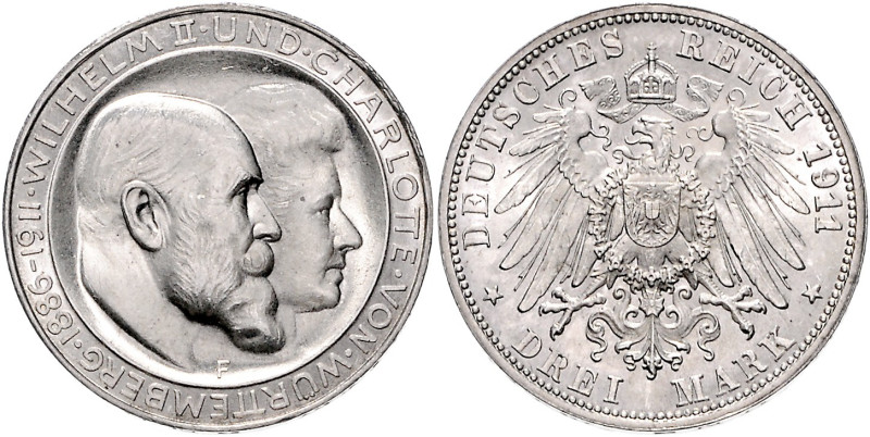 Württemberg. 
Wilhelm II. 1891-1918. 3 Mark 1911, Silberhochzeit. Kat.&nbsp;177...