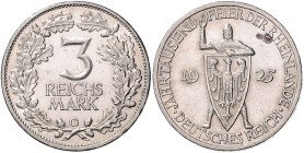 3 RM 1925 G, Rheinlandfeier, dazu 3 RM 1930 A, Zeppelin, J. 321 u. 342. zus. 2 St.. 

Vs. kl. Fleck, zweites St. mit winz. Kratzern, ss-vz