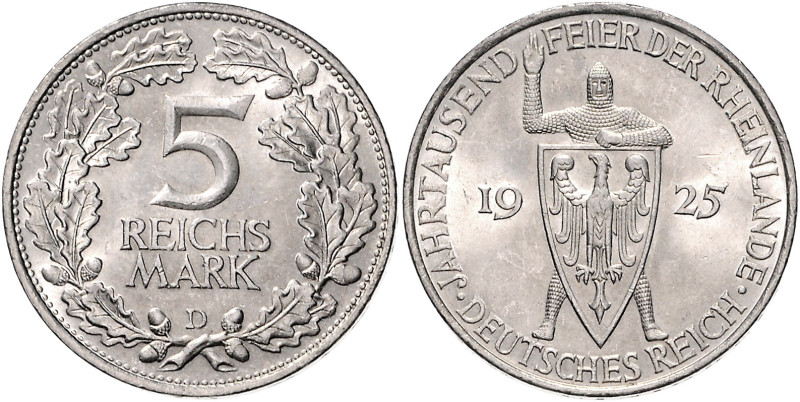 5 RM 1925 D, Rheinlandfeier. Jaeger&nbsp;322. . 

winz. Rdu, vorzüglich