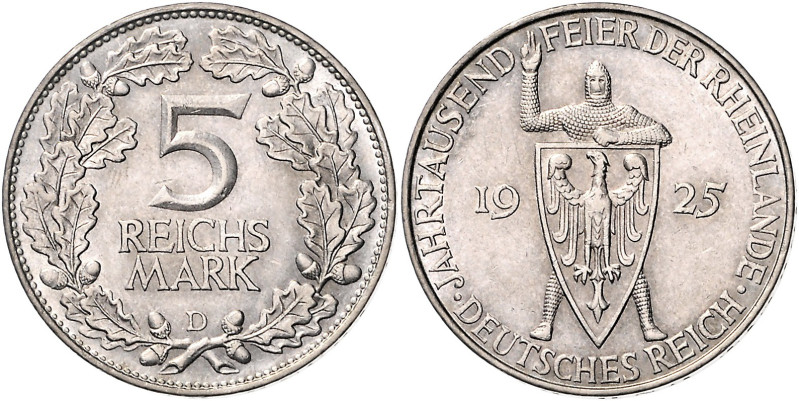 5 RM 1925 D, Rheinlandfeier. Jaeger&nbsp;322. Los wie vor. 

fast vorzüglich