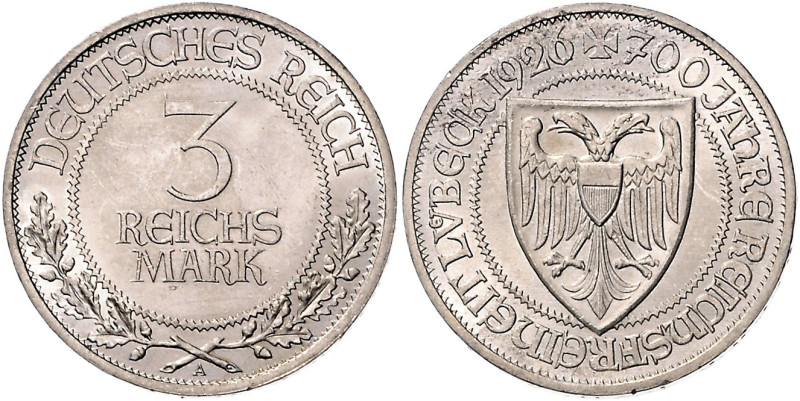 3 RM 1926, Lübeck. Jaeger&nbsp;323. . 

winzigste Rf., fast stempelfrisch