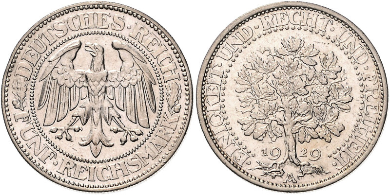 5 RM 1929 A, Kursmünze Eichbaum. Jaeger&nbsp;331. . 

winz. Rf., ss-f. vz